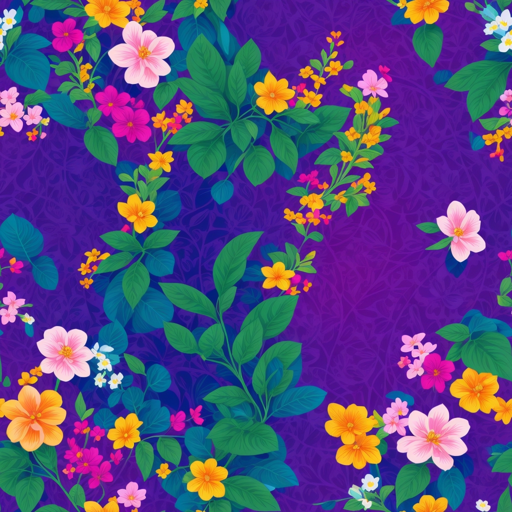 Colorful flowers and purple bushes pattern