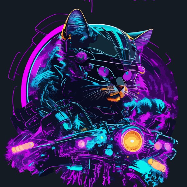 Glowing biker cat neon style